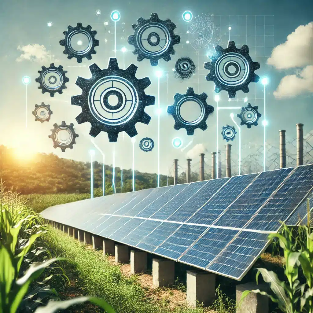 Bright Fox AI digital LLM with gears and solar panels representing energy sector AI